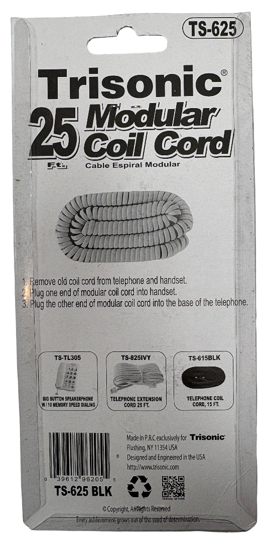 New In Package Trisonic 25 ft. Black Modular Coil Telephone Cord TS-625