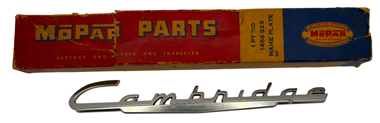 New Old Stock Plymouth Cambridge Fender Nameplate for 1951-53 Models #1456525