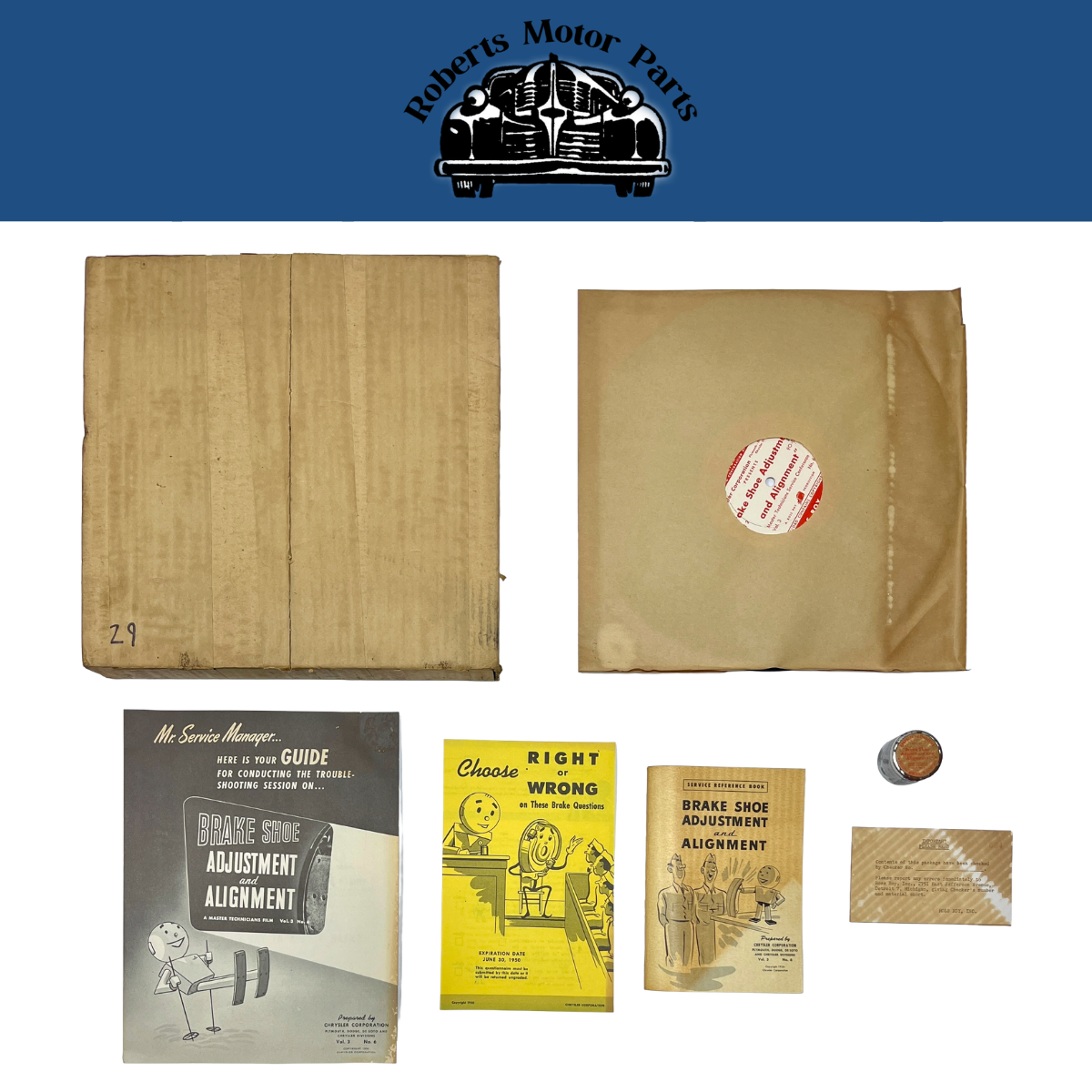 New Old Stock Informational Record "Brake Shoe Adjustment and Alignment" Roy