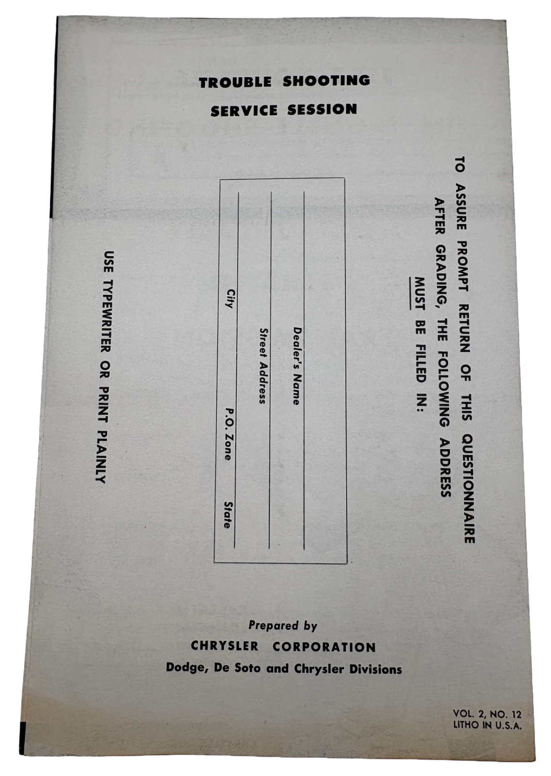 Original Ross Roy Transmission Questionnaire 1949 Vol 2 No 12