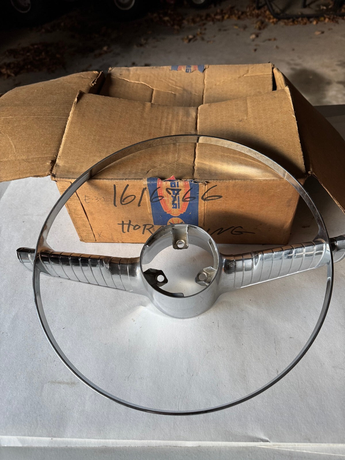 NOS Steering Wheel Horn Ring Chrome for 1955-1956 Desoto Firedome part# 1616766