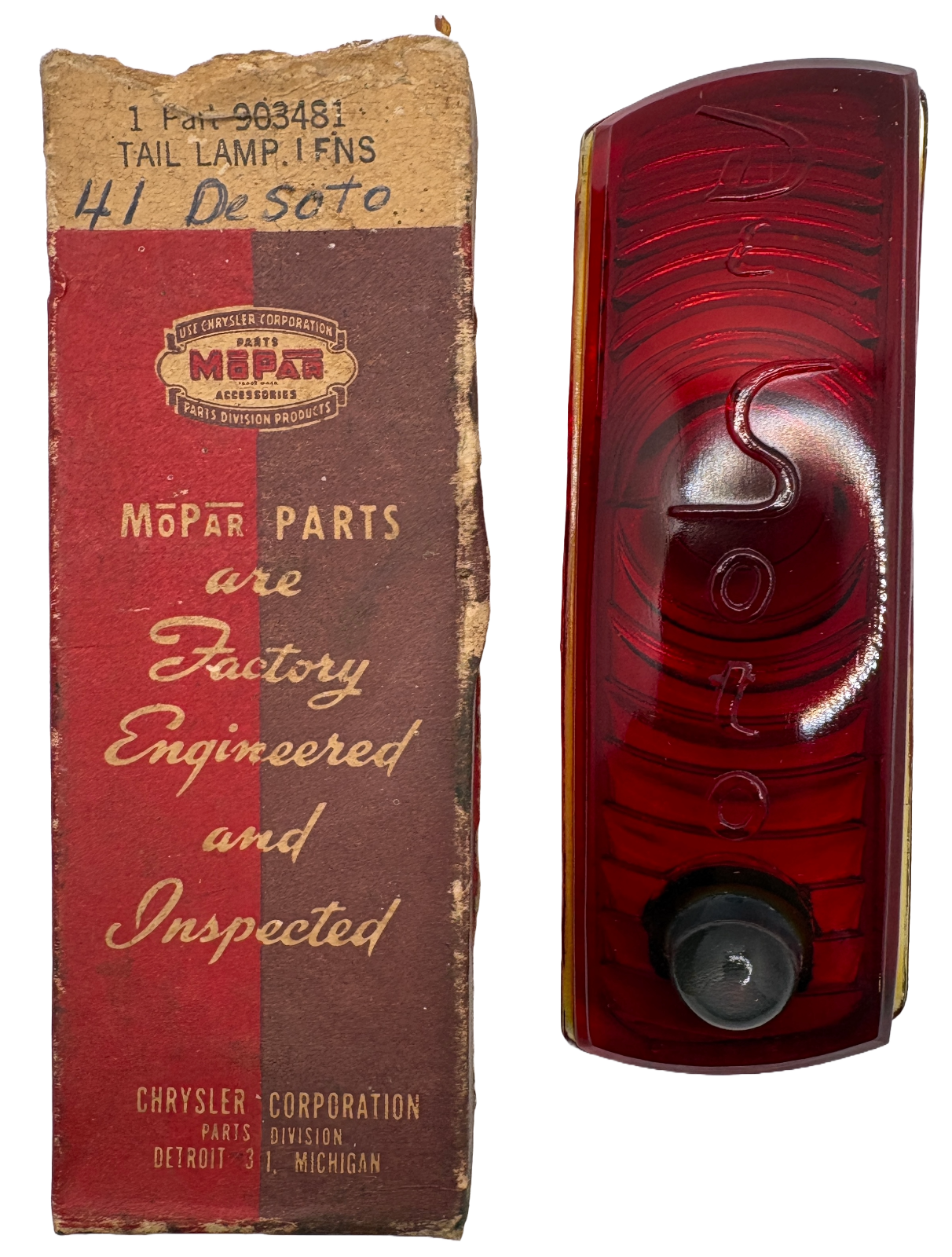 New Old Stock Right Hand Tail Light Lens for 1941 DeSoto Models #903481