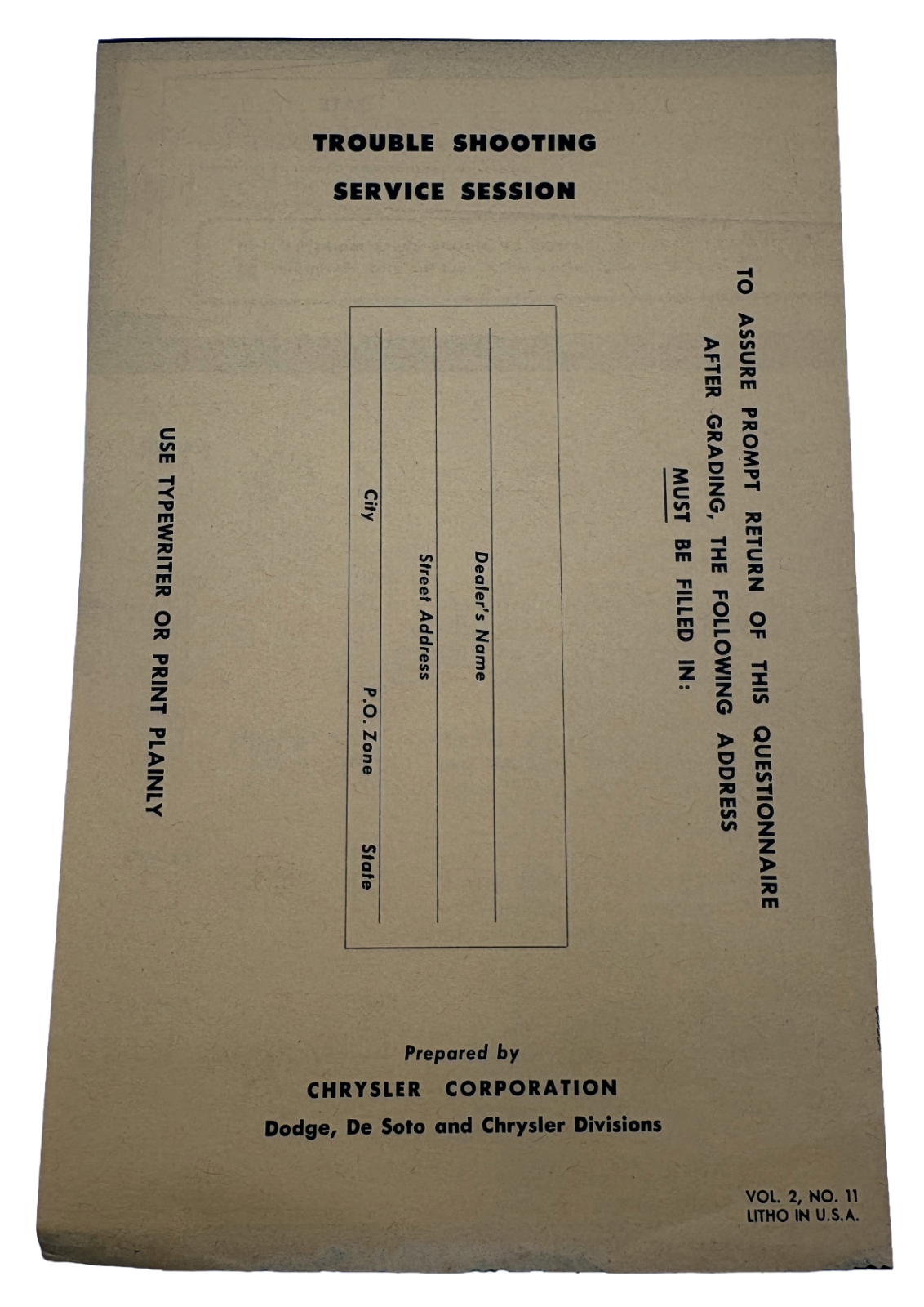 Original Ross Roy Transmission Questionnaire 1949 Vol 2 No 11