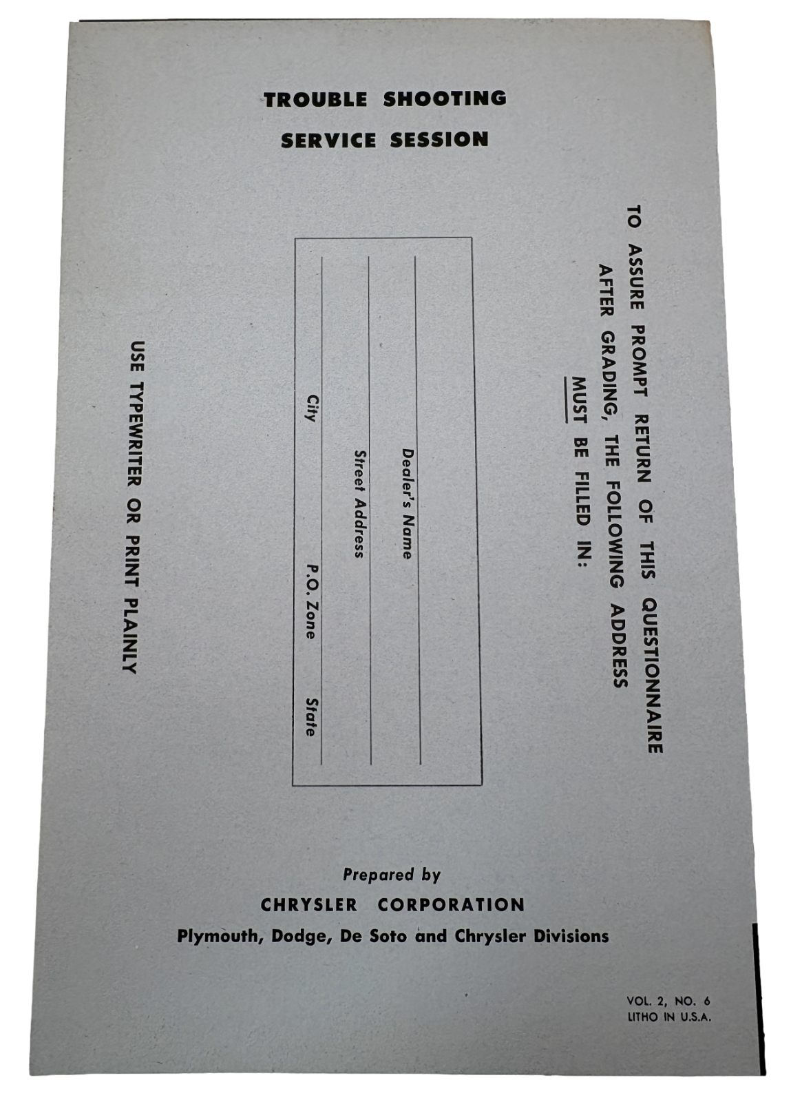 Original Ross Roy Transmission Questionnaire 1949 Vol 2 No 6