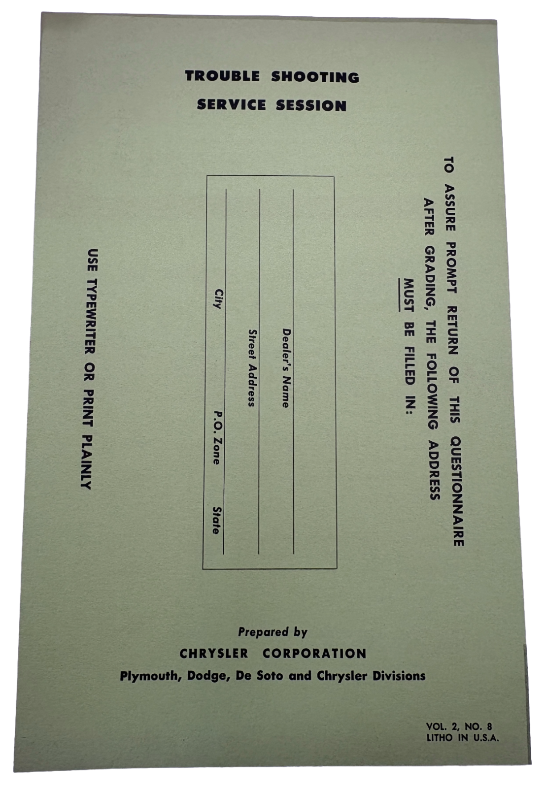 Original Ross Roy Suspension System Questionnaire 1949 Vol 2 No 8