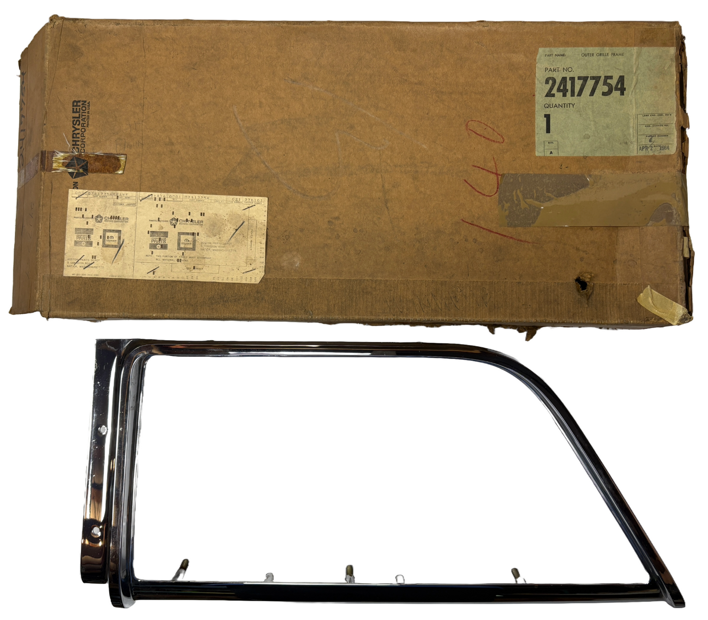 New Old Stock Right Surround Grill Frame Moulding for 1964 Chrysler #2417754