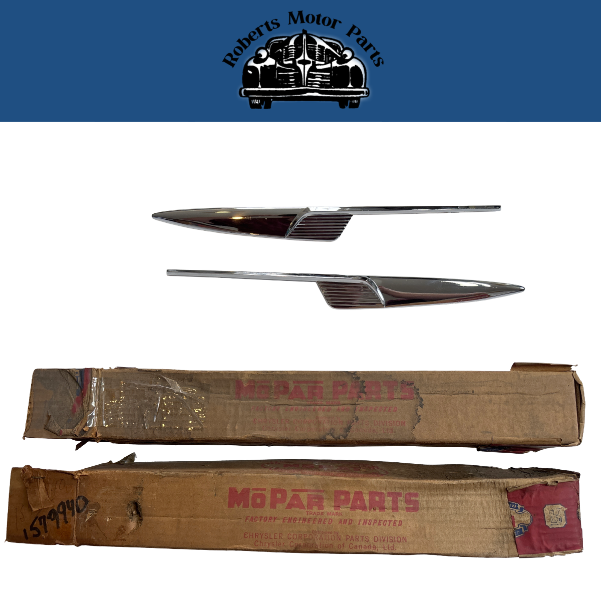 New Old Stock Quarter Panel Emblems for 1955 Plymouth Models #1579940 & #1579941