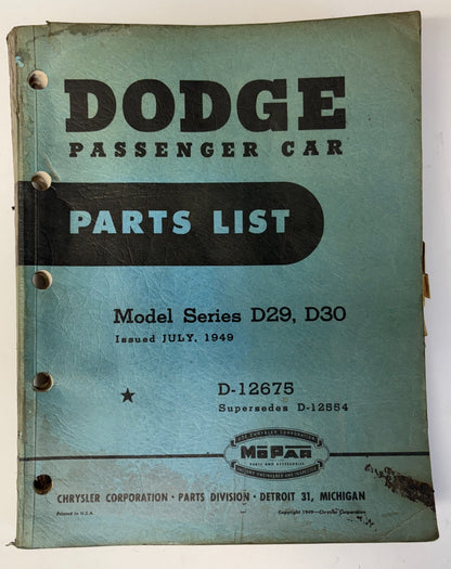 1949 Dodge Passenger Car Dealer Parts List Book Models D29 D30 Original D-12675
