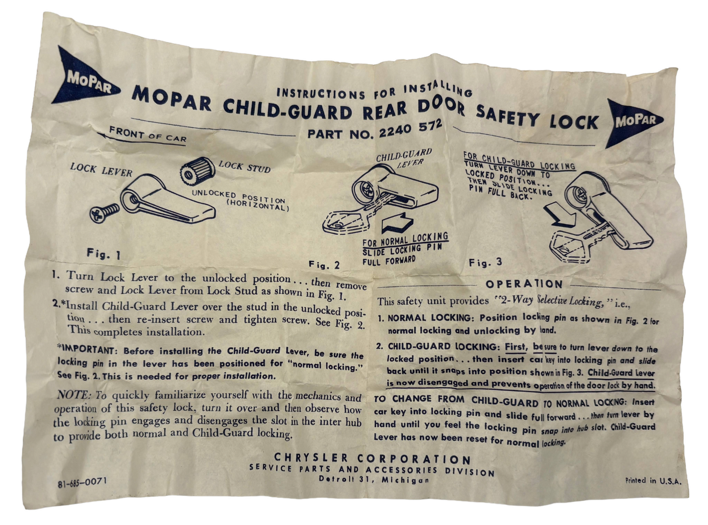 New Old Stock Rear Side Door Safety Lock Pair Package For 1962-63 Mopar #2240572
