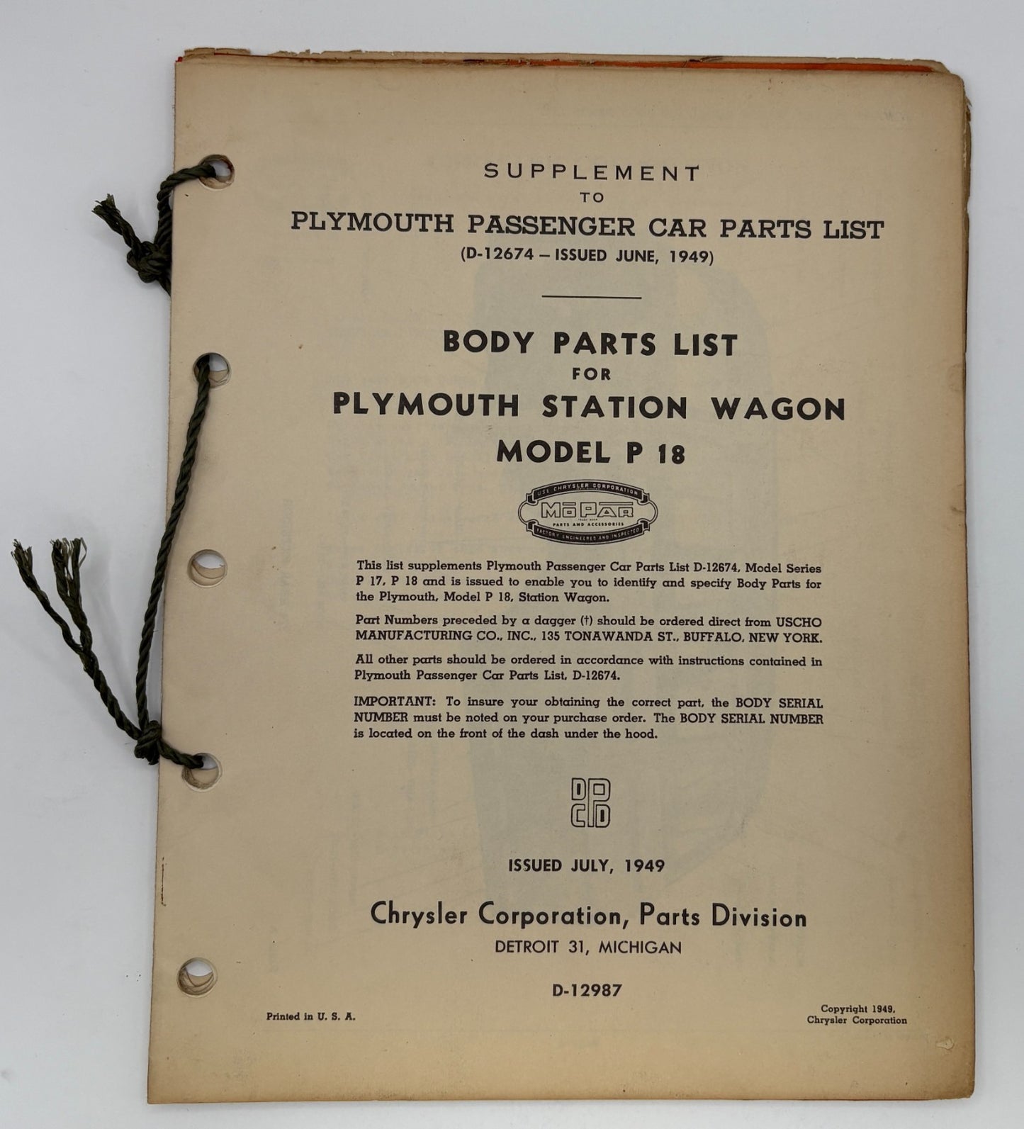 Original 1949 Plymouth Body Parts List P-18 Station Wagon #D-12987