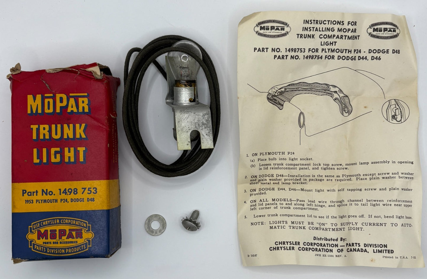New Old Stock Trunk Lamp Light for 1953 Models Mopar #1498753