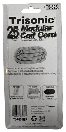 New In Package Trisonic 25 ft. Black Modular Coil Telephone Cord TS-625