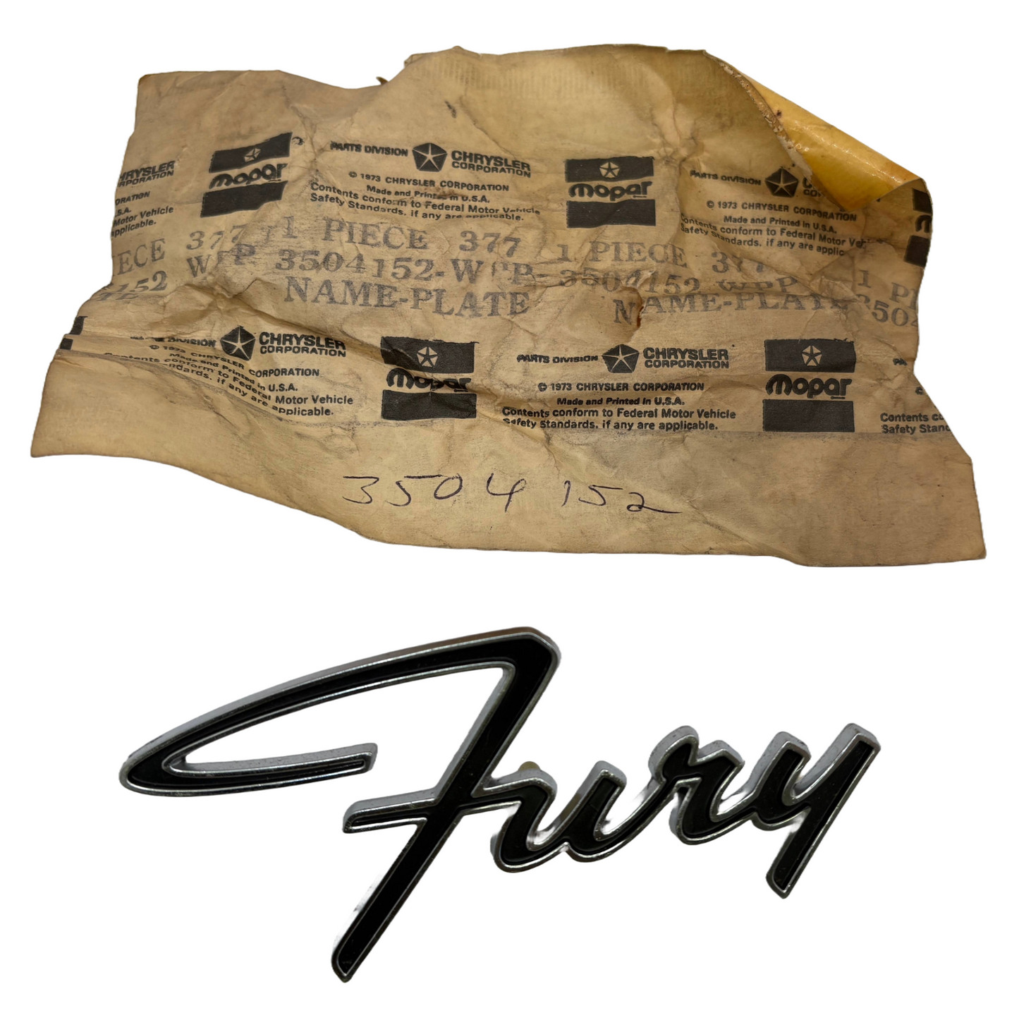 New Old Stock Fury Fender Nameplate for 1965-67 Plymouth Fury Models #3504152