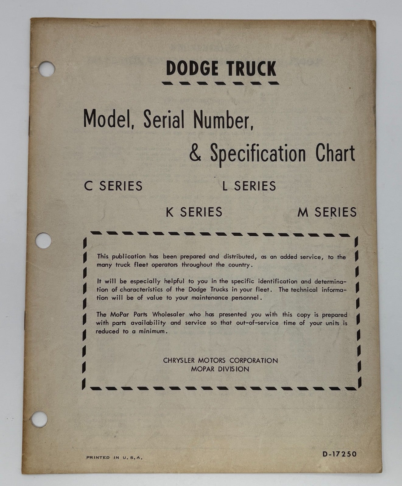 Original Dodge Truck Model, Serial Number & Specification Chart #D-17250