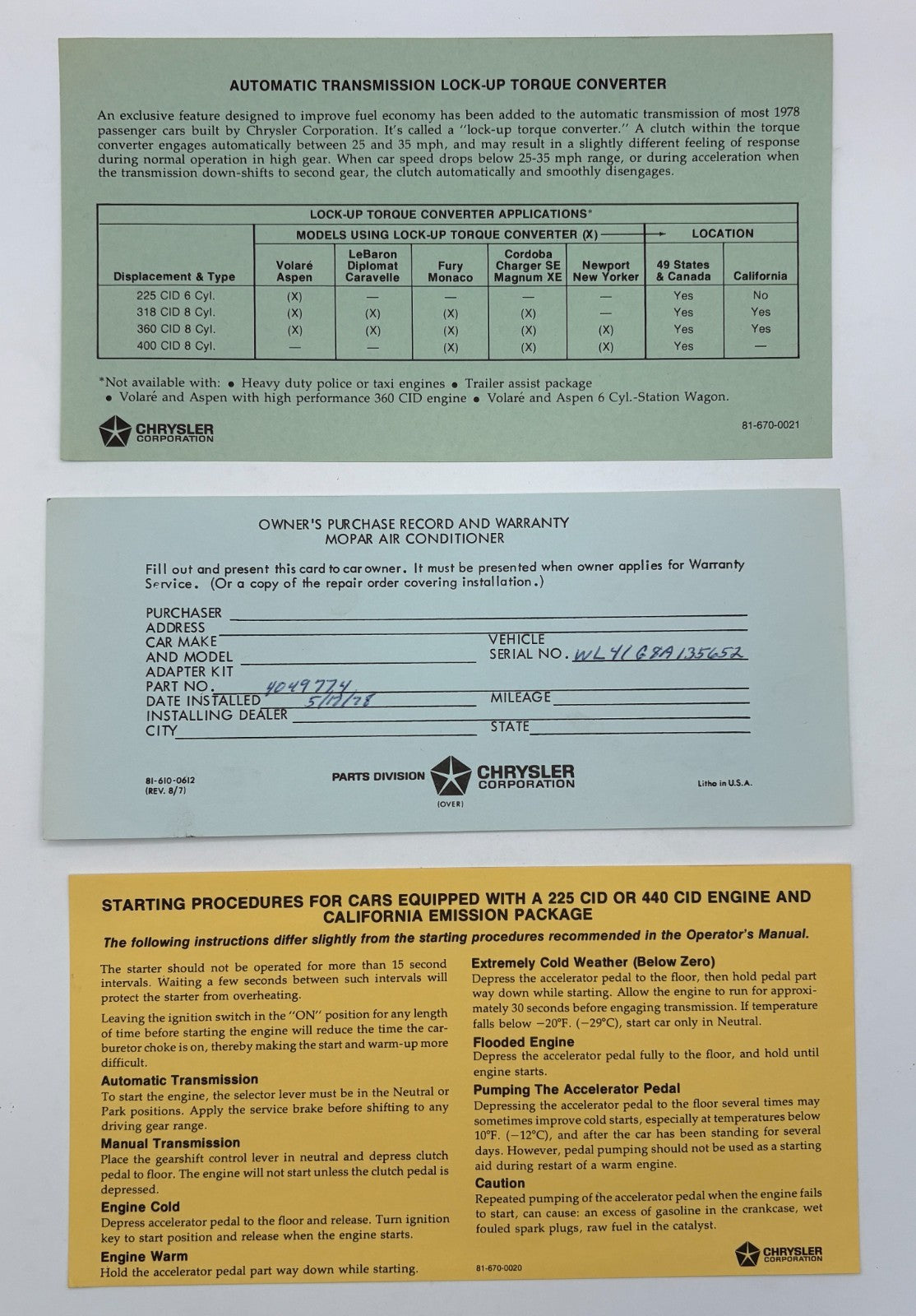 Original 1978 "Your Car Credentials" Dodge Dealer Package #8113
