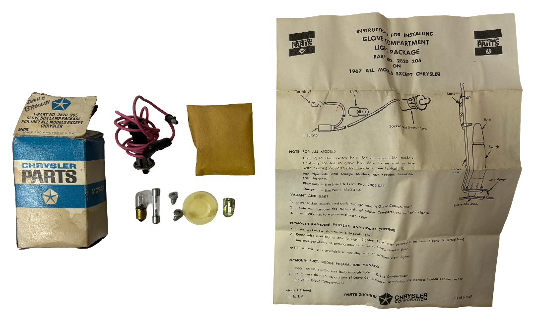 New Old Stock Glove Box lamp package for 1967 Plymouth & Dodge Mopar #2820205