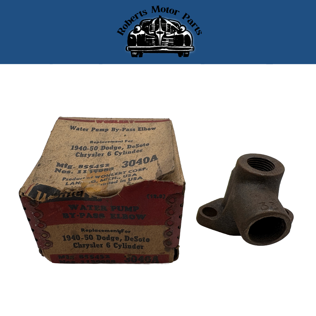New Old Reproduction Stock Wohlert Water Pump Bypass Elbow 1940-50 Mopar #3040A