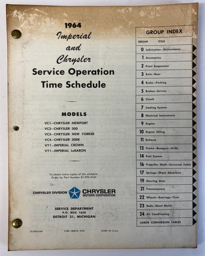 Original 1964 Imperial and Chrysler Service Operation Time Schedule 81-070-4165