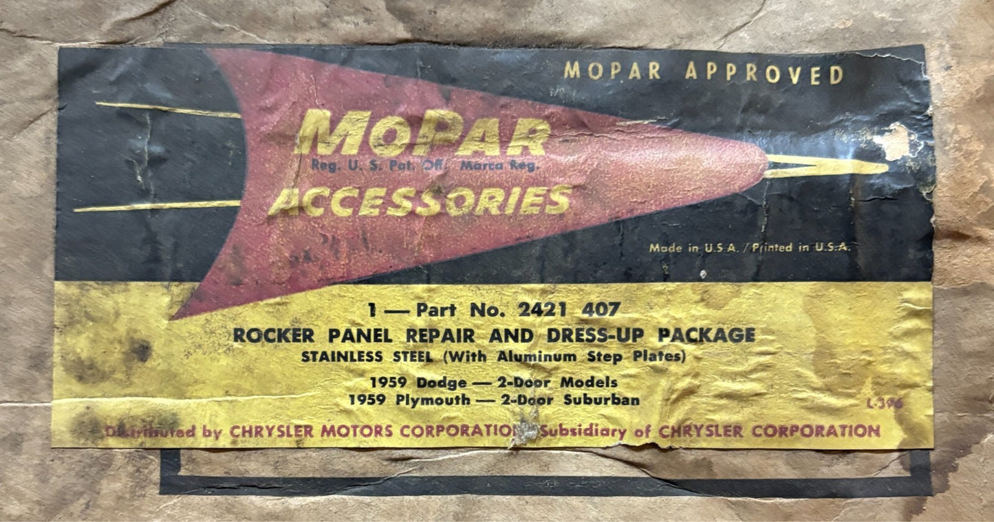 New Old Stock Rocker Panel Repair & Dressup Pkg for 1959 Models Mopar #2421407