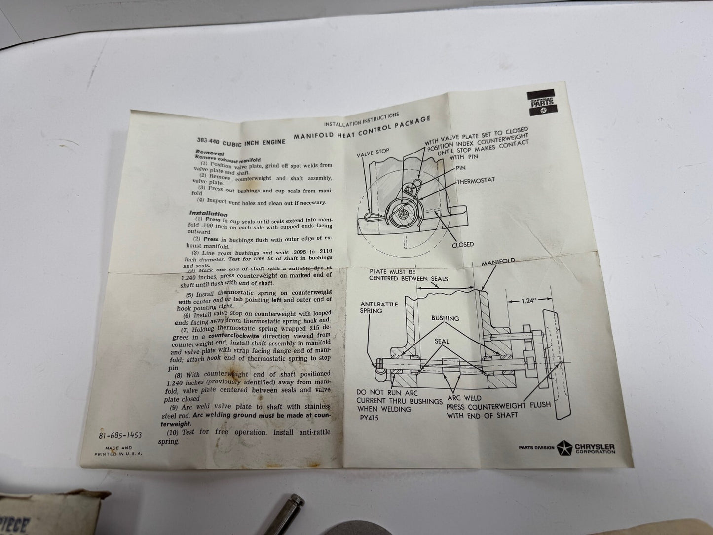 NOS Mopar 1970-4 Heat Riser Repair Kit 383 & 440 Engines #3420045