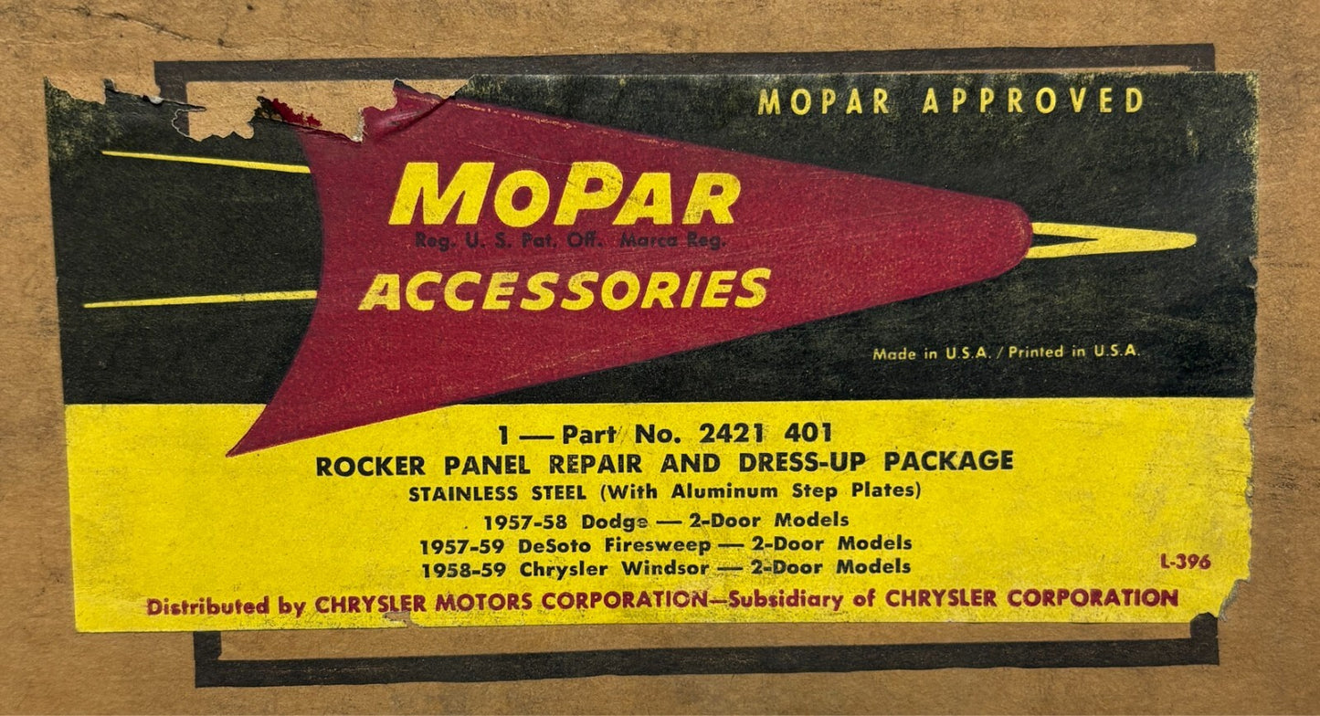 New Old Stock Rocker Panel Repair & Dressup pkg for 1957-9 Models Mopar #2421401