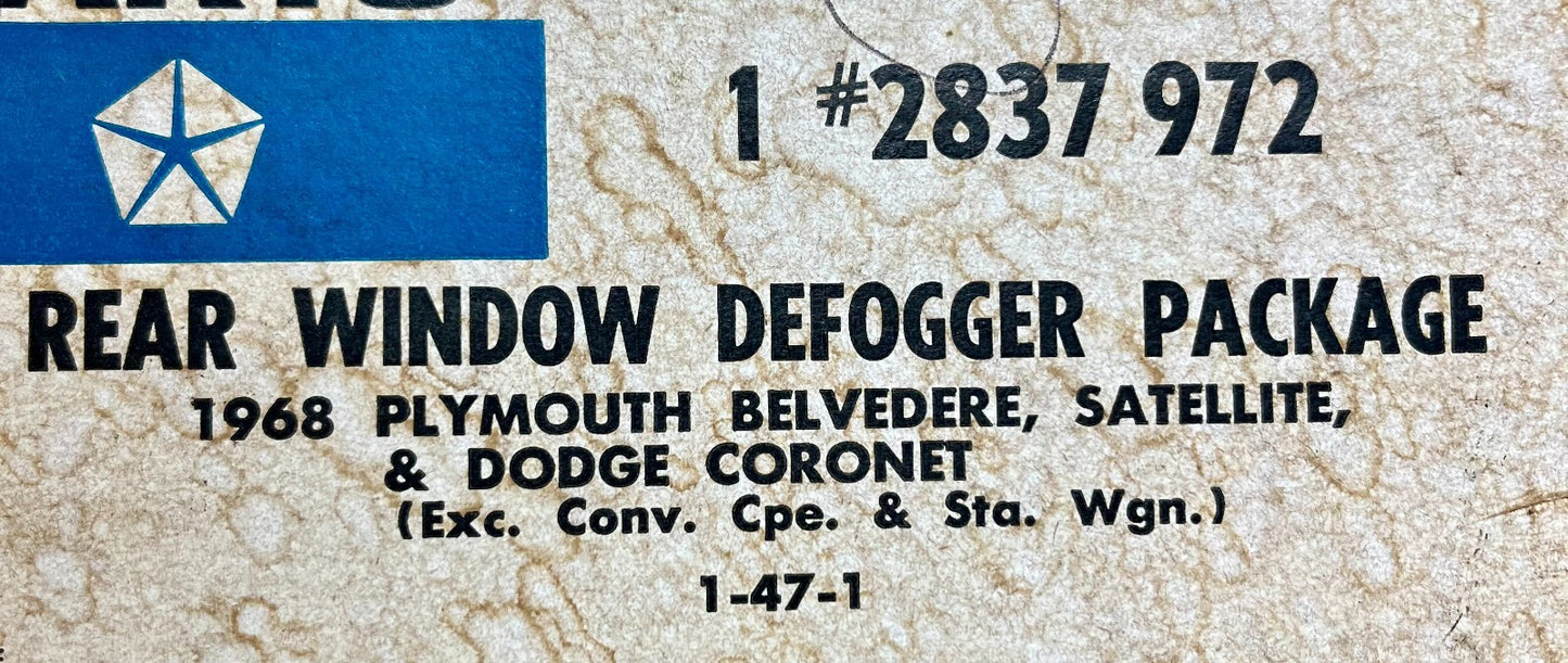 New Old Stock Rear Window Defogger Pkg. for 1968 Models Mopar #2837972