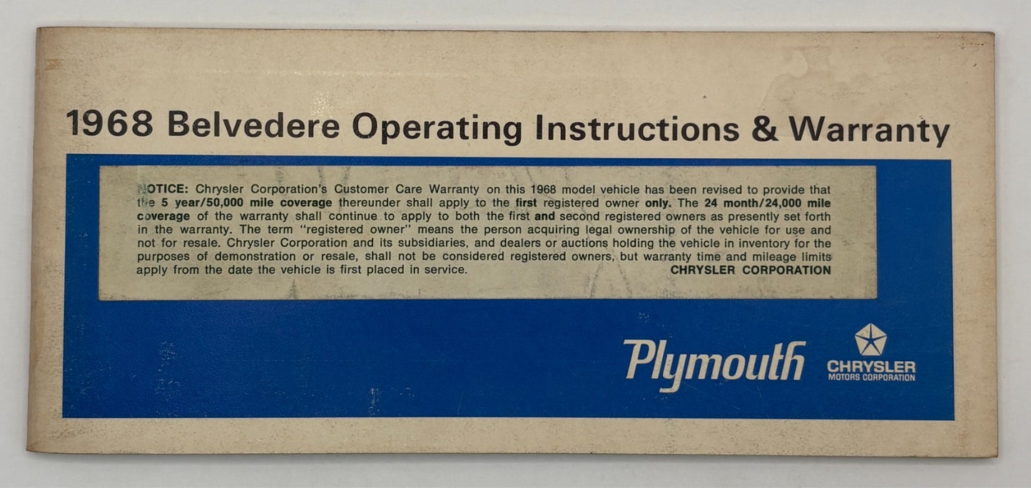 Original 1968 Plymouth Belvedere Operating Instructions #81-570-8456