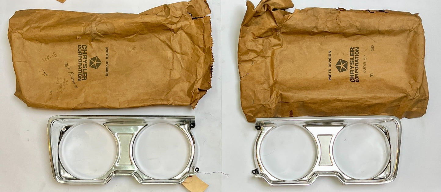 New Old Stock Headlight Bezels for 1969 Plymouth Models #2898156 & #2898157