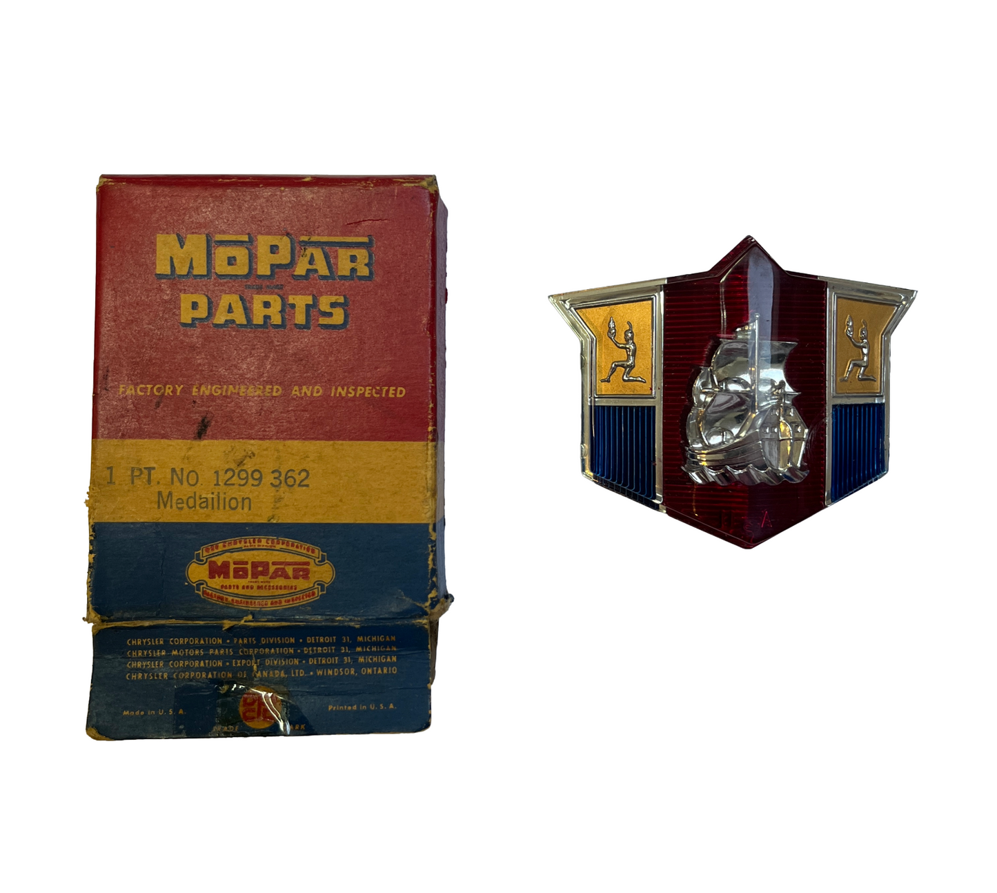 New Old Stock Hood Base & Medallion for 1949 Plymouth #1299361 & #1299362