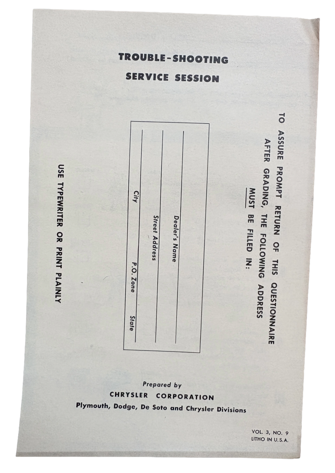 Original Ross Roy 10 Questions Questionnaire 1950 Vol 3 No 9