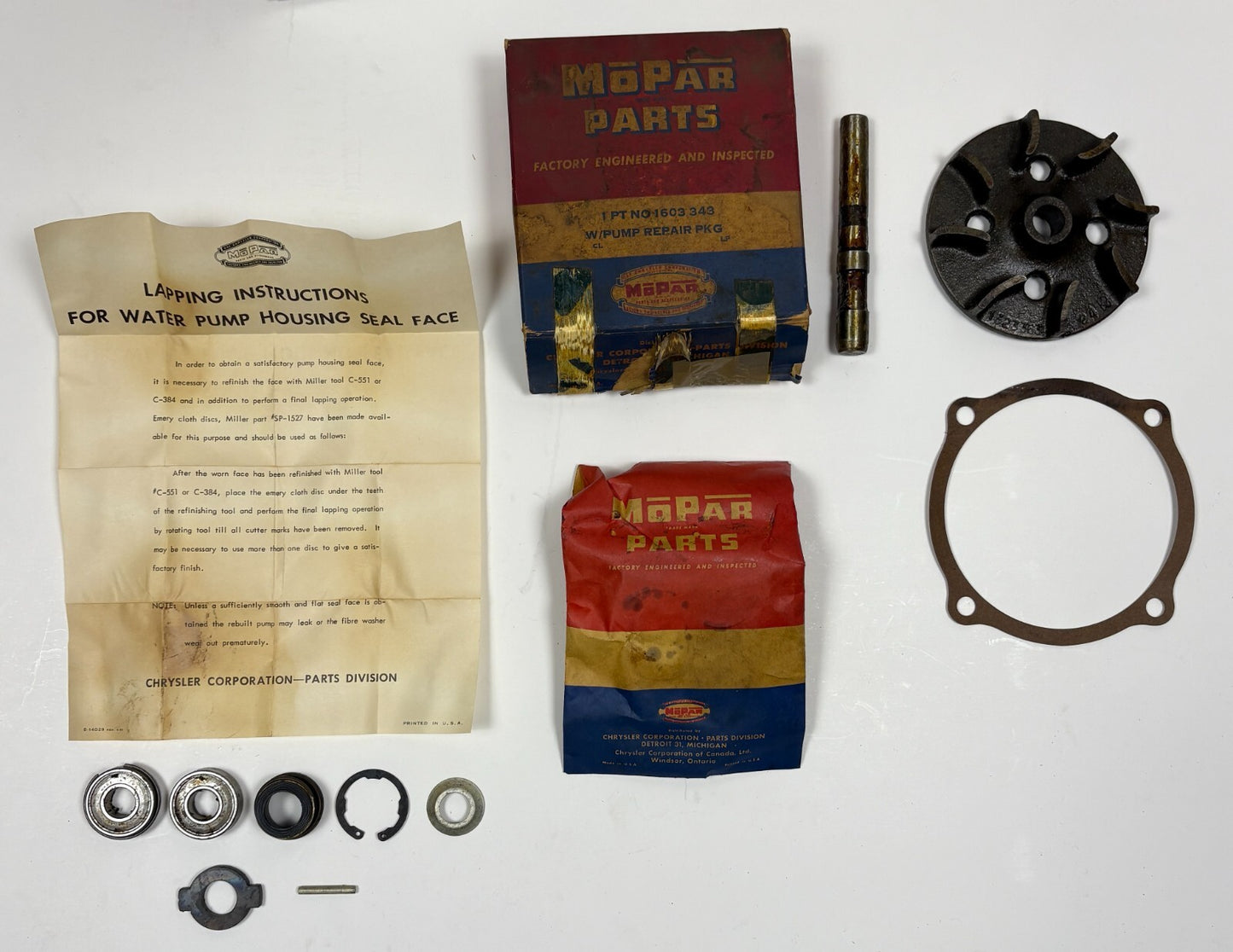 New Old Stock Water Pump Rebuild Pkg. for 1951-54 8-Cyl Models Mopar #1603343