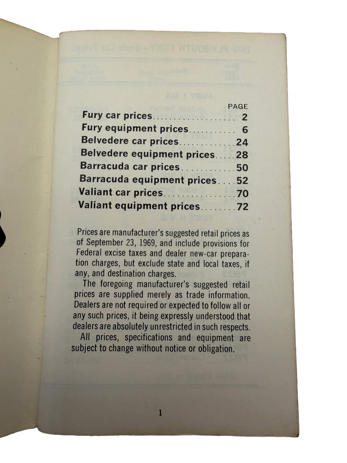 1970 Plymouth Car and Equipment Prices Salesman Pocket Guide Barracuda Fury