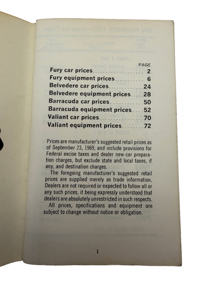 1970 Plymouth Car and Equipment Prices Salesman Pocket Guide Barracuda Fury